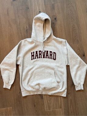 Vintage Harvard Pro Weave Hoodie Sweatshirt Cream USA Adult L College NCAA